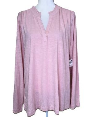 Style & Co. Women's Pink Long-Sleeve Split Neck Top Long Sleeves Ruffle trim NEW